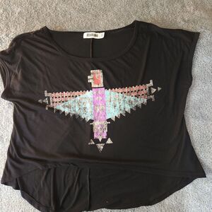 Starling Tribal Design Shirt Womens XS Black Short Sleeve Graphic Print